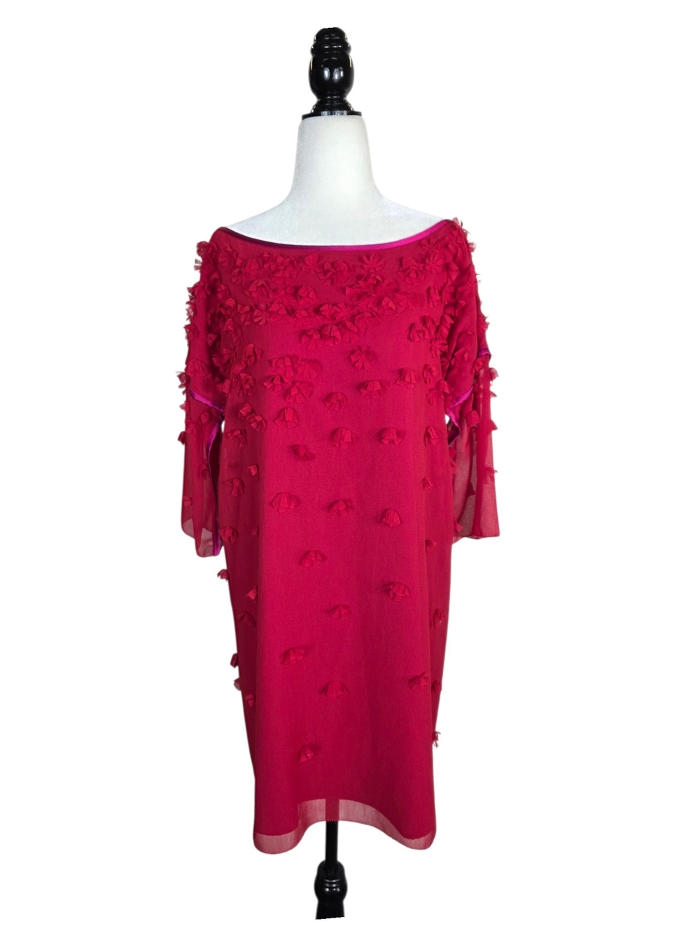 Twin-Set Fuchsia Long Sleeve Floral-Appliqué 3D Shift Dress
